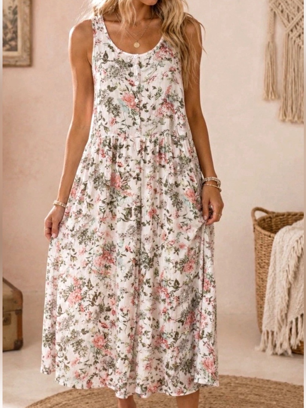 Frye White Floral Maxi Dress with Pink and Green Bloom SZ:L